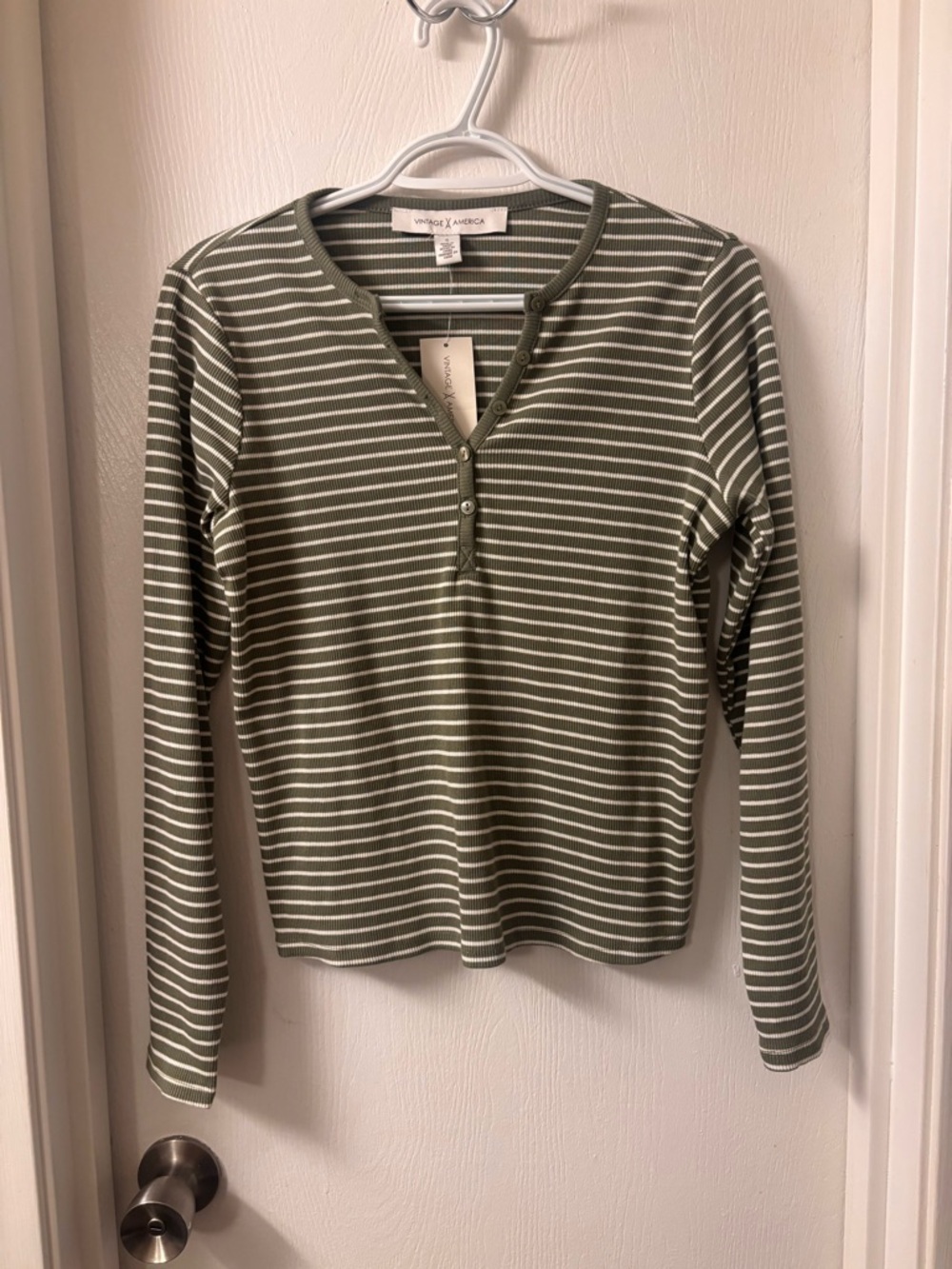 Vintage America Olive Green & White Striped Henley Long-Sleeve Top